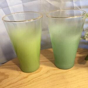 MCM Blendo Glass Tumbler FROSTED Mint Green with Gold Rim ~ Set of 2